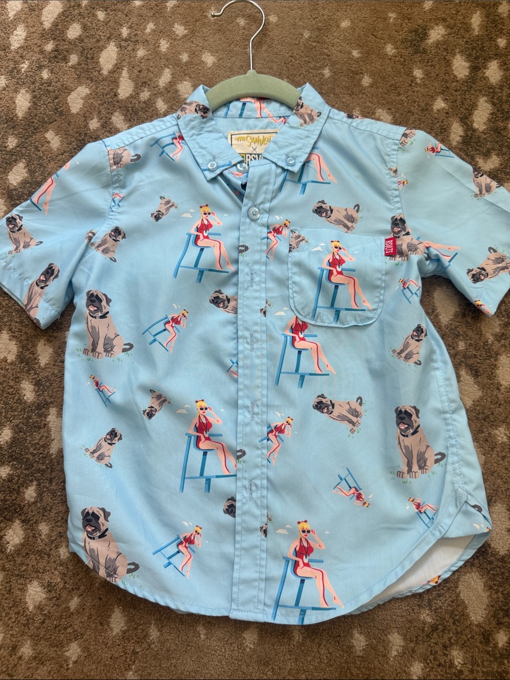 RSVLTS Sandlot BasebalLight Blue Short-Sleeve Button-Down with Pinup & Pug Print